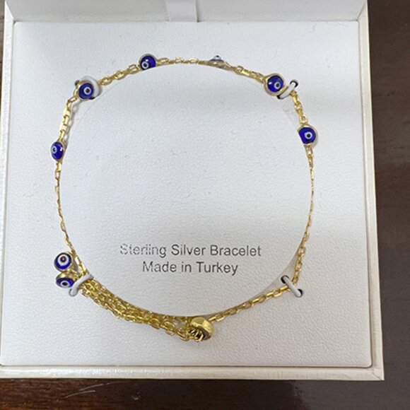Evil Eye Sterling Silver 925 Turkish Bracelet, Yellow Gold Plated over Sterling - Picture 1 of 4